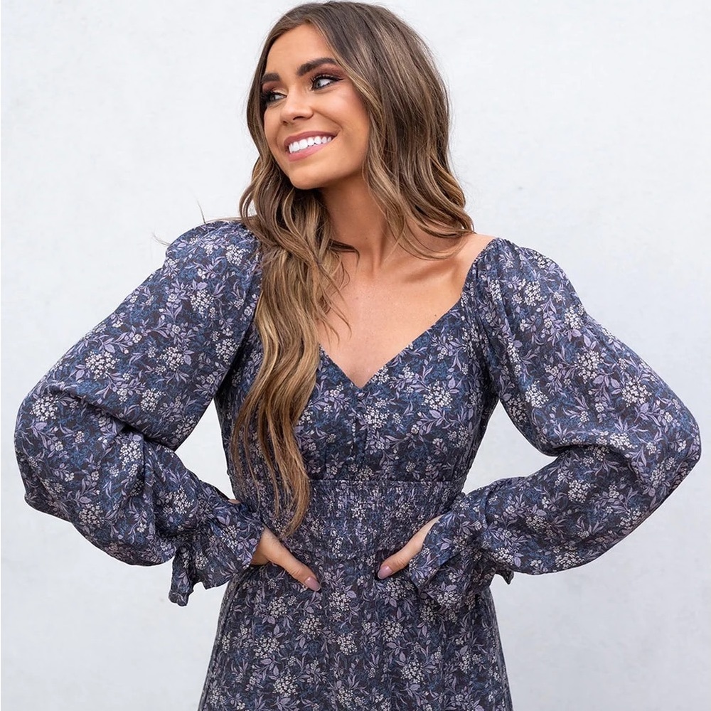 NWT Navy Mae Floral Midi Dress with Long Sleeves